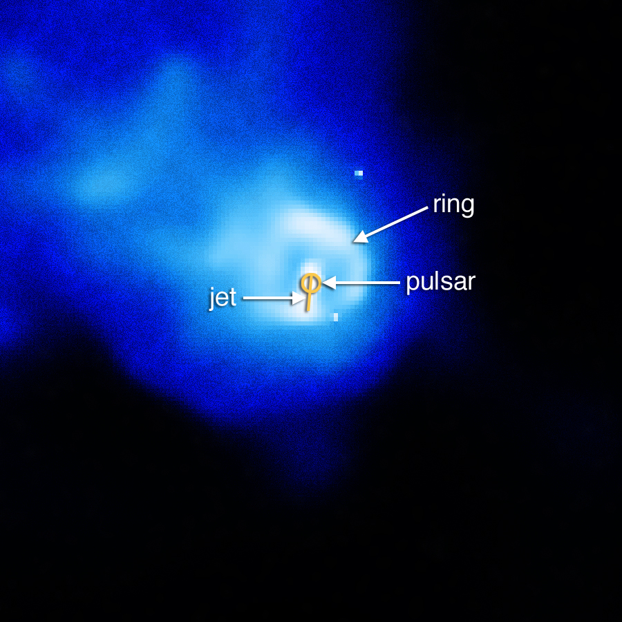 La imagen de Chandra revela una pequeña estructura circular (o anillo) rodeando el púlsar y una estructura con forma de chorro apuntando más o menos en dirección arriba-abajo que pasa a través del púlsar. No queda claro si la nítida emisión larga de color rosa observada en el óptico está relacionada con el púlsar ya que se han encontrado otros filamentos en IC 443 que no tienen relación con las estructuras que emiten rayos X del púlsar. El anillo puede estar mostrando una región donde un viento de alta velocidad de partículas, que fluye alejándose del púlsar, se se frena bruscamente. Otra alternativa es que el anillo represente un frente de ondas, parecido a un bum sónico, que va por delante del viento del púlsar. El chorro podría estar formado por partículas que están siendo disparadas desde el púlsar en un haz estrecho y a gran velocidad.