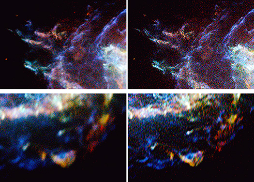 Two different X-ray close up images of features within Cassiopeia A are presented in the left two panels of a 4 panel layout. The images on the right of the layout are of the same features as those on their left side counterparts, however the images on the right appear sharper.