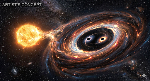 Artist's concept of a triple system containing a pair of black holes pulling material away from a Sun-like star.