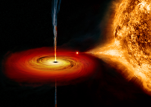 Illustration of a black hole accreting matter from a companion star as jets blast away from the black hole