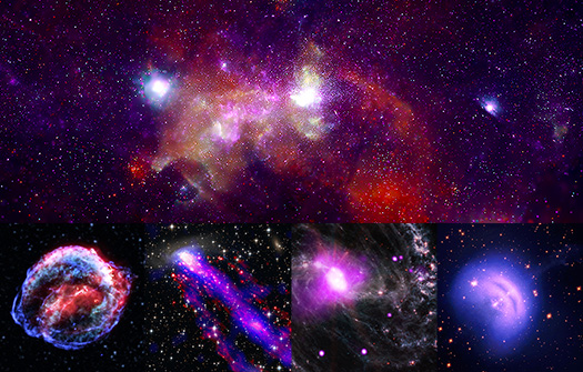 A mosaic of five images that include Chandra data