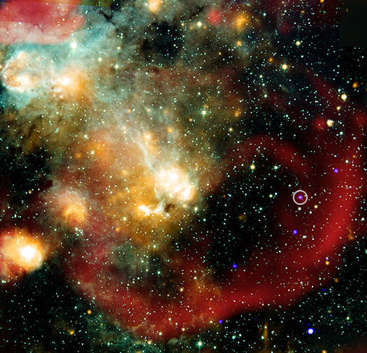 A wide field image of ASKAP J1832 in X-ray, radio, and infrared light.