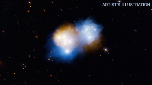 Artist's illustration of a collision between galaxy clusters