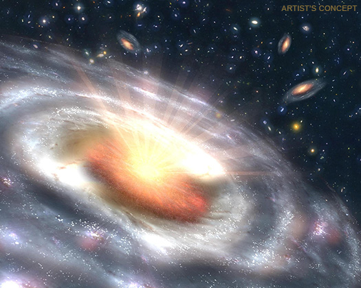 A growing black hole, called a quasar, is seen at the center of a faraway galaxy in this artist concept.